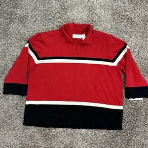 New Liz Claiborne Red V-neck Collared Sweater Woman 2X Striped 3/4 Sleeve Preppy